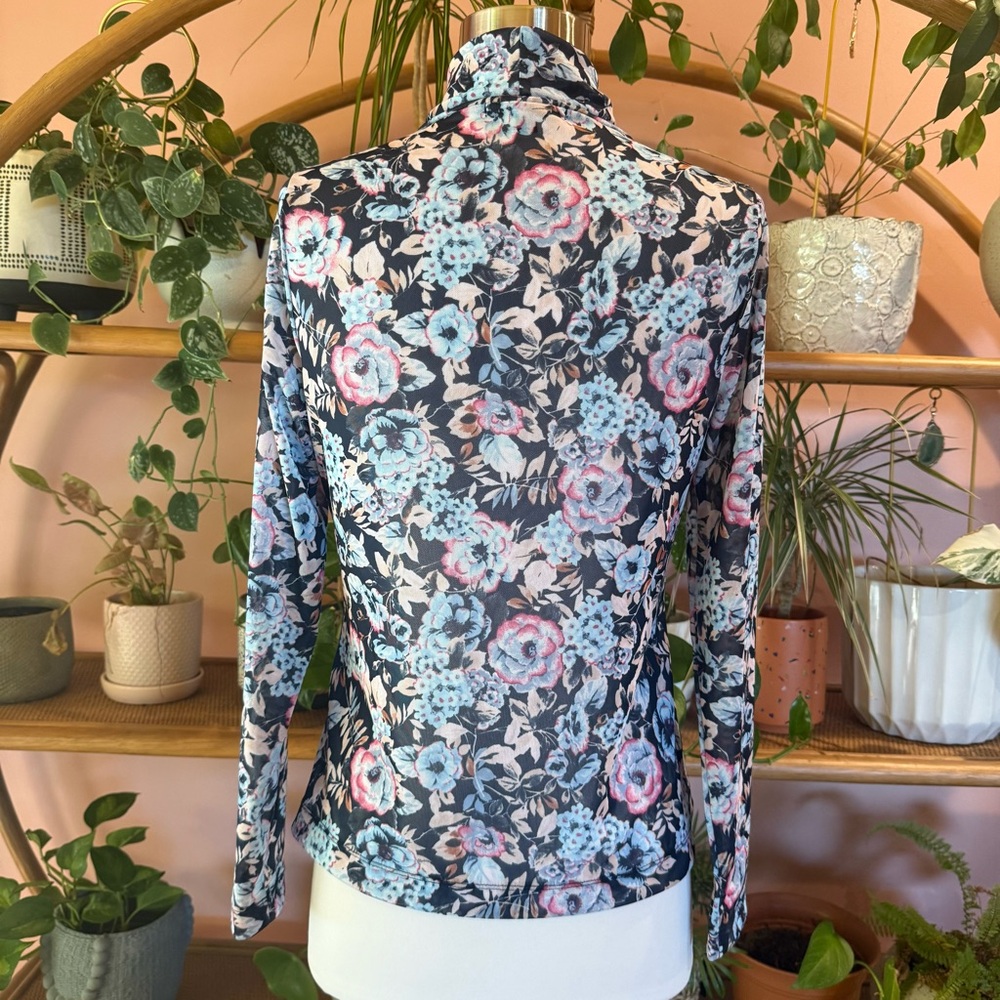 Banana Republic Blue Floral Mesh Turtleneck Fitted Long Sleeve Blouse Small - Picture 9 of 9